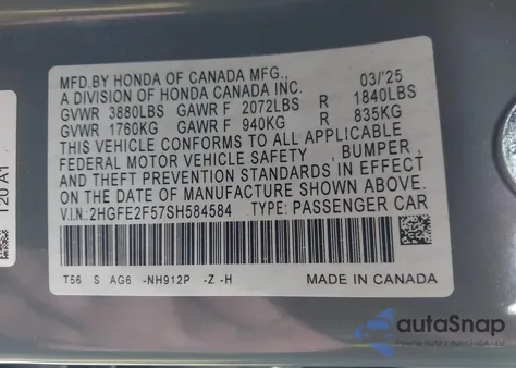 2025 Honda Civic Sport из США, поврежденный, VIN 2HGFE2F57SH584584